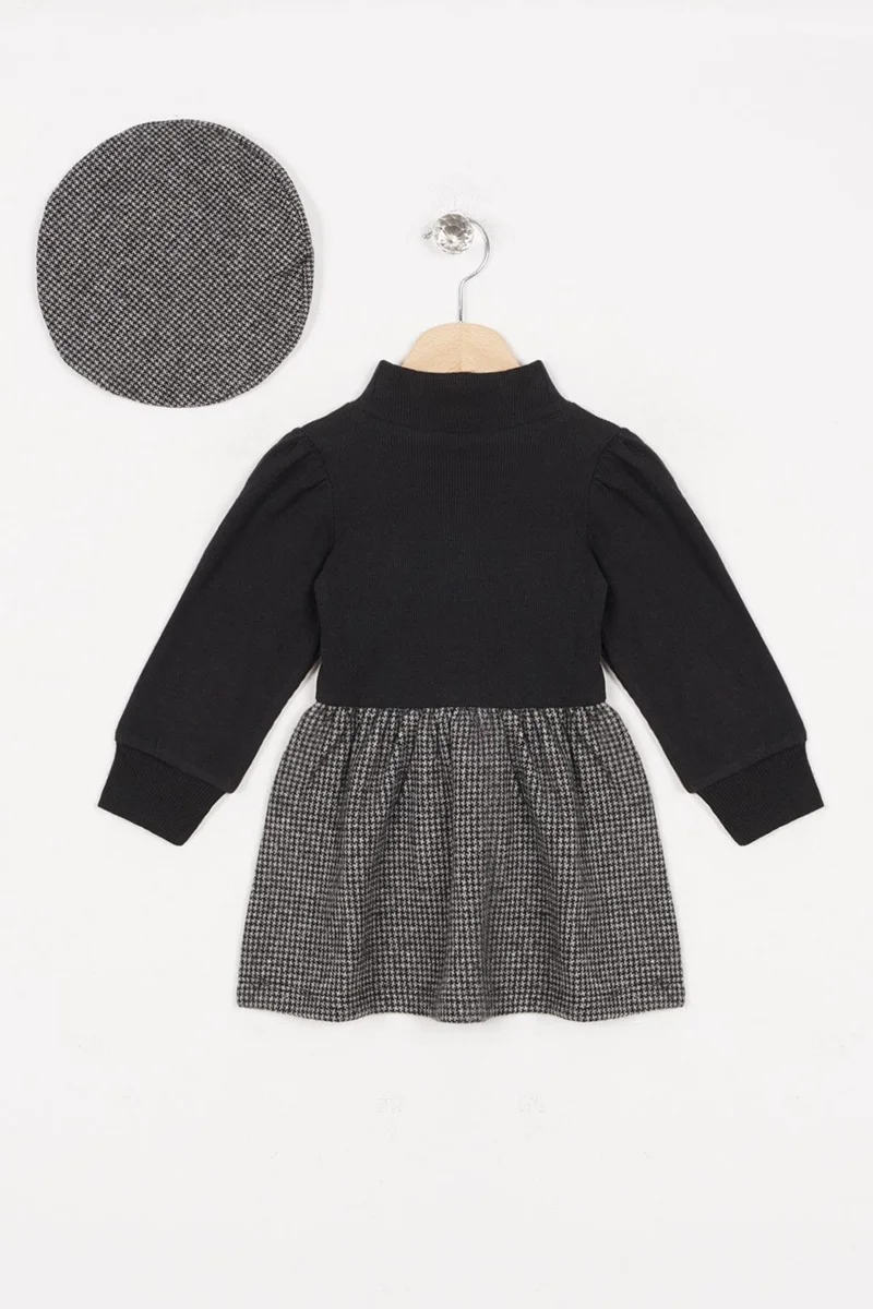 أكار Half Turtleneck Long Sleeve Skirt Plaid Button Detailed Teddy Bear Hat Gray Color Girl's Dress