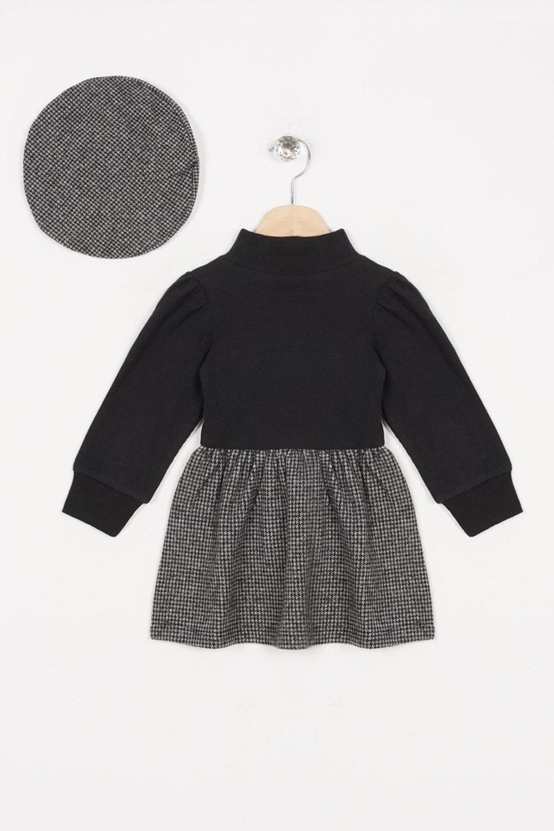 Acar Half Turtleneck Long Sleeve Skirt Plaid Button Detailed Teddy Bear Hat Gray Color Girl's Dress - Image 3