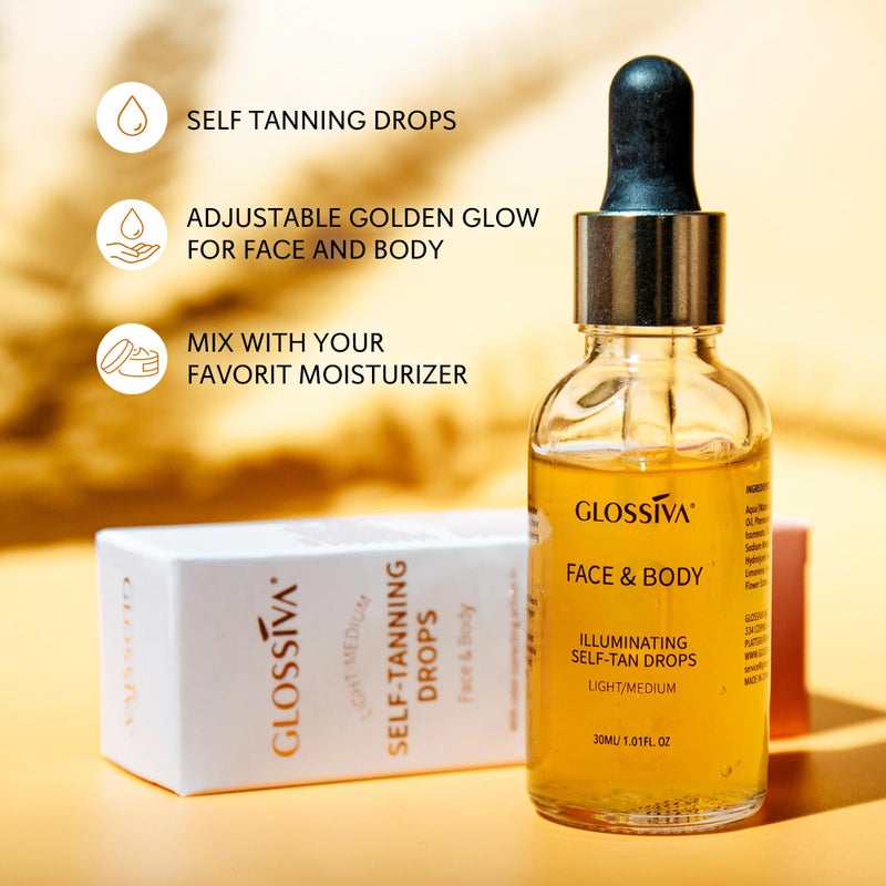 Glossiva Self Tanning Drops - Sunless Tan for a Sun-Kissed Bronze - Beauty Skin Self Tanner - Gradual Glow for Face and Body - Long-Lasting for a Week, 1.01 Fl Oz - Image 3