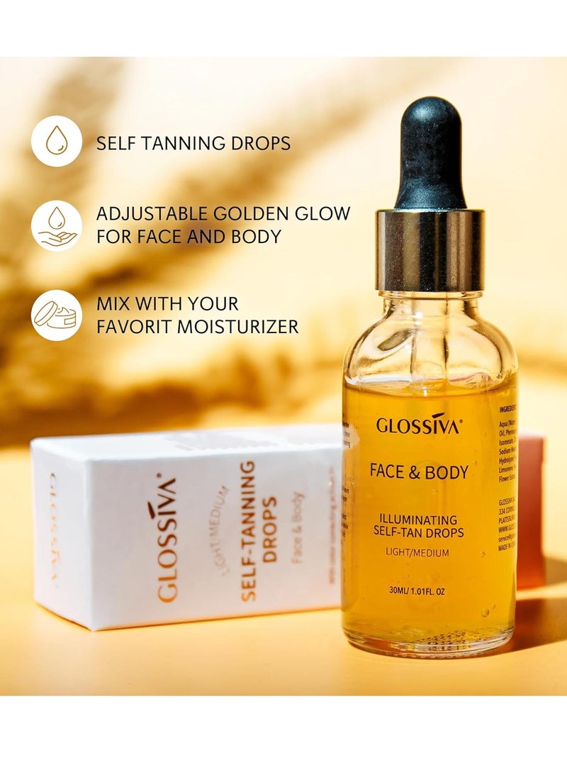GLOSSIVA - Self Tanning Drops - Sunless Tan for a Sun-Kissed Bronze - Beauty Skin Self Tanner - Gradual Glow for Face and Body - Long-Lasting for a Week, 1.01 Fl Oz - Image 1