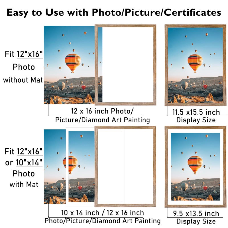 JCJMY 12x16 Picture Frame with 10x14 Mat for 30 x 40cm Diamond Art Painting, Display Photo 10x14 with Mat or 12 x 16 Without Mat, Wall Hanging Large Frame with Durable Plexiglass, Rustic Brown - Image 3