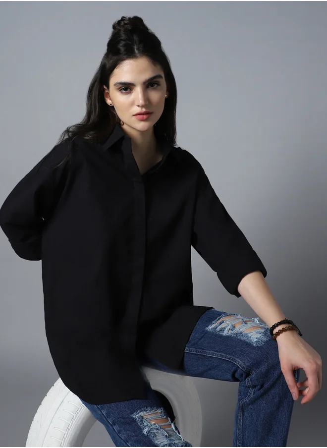 هاي ستار Solid Long Sleeve Oversized Shirt