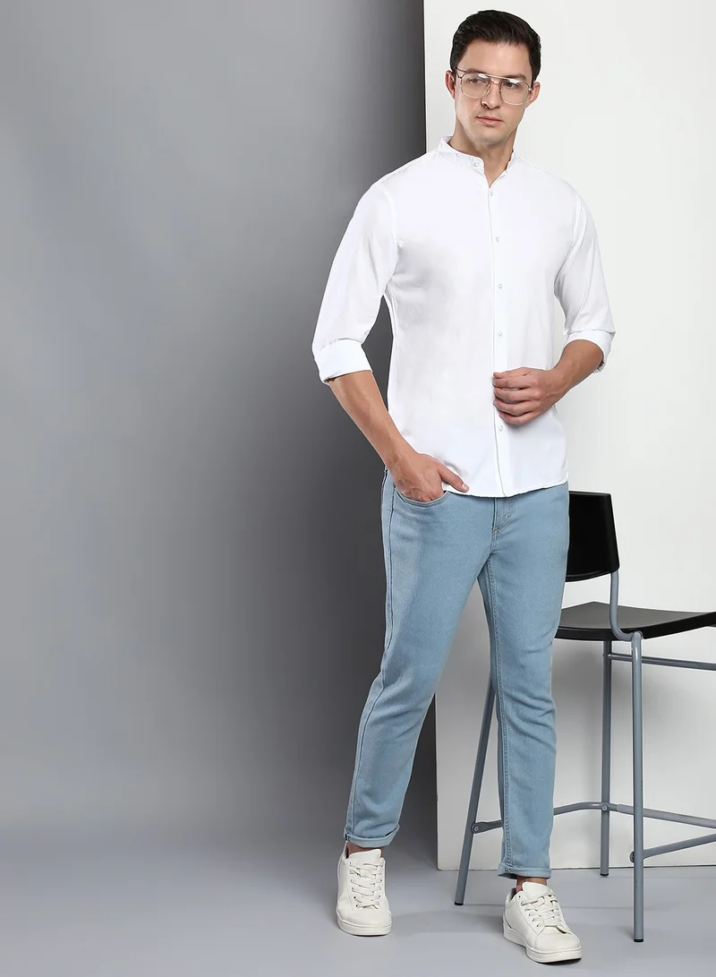Dennis Lingo Men's White Slim Fit Casual Spread Shirt