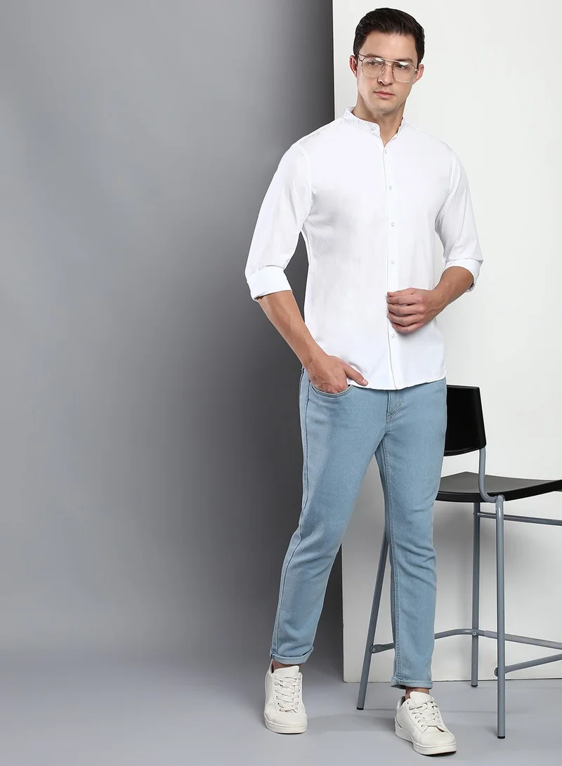 Dennis Lingo Men's White Slim Fit Casual Spread Shirt