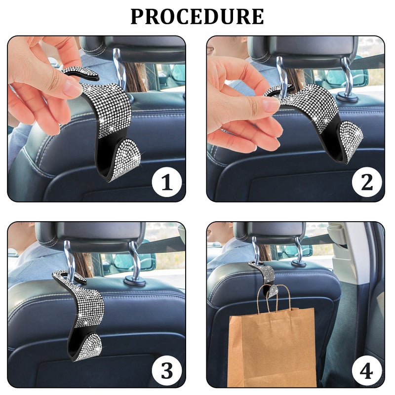 Dermasy 2 Pack Car Hooks, 2021 New Bling Rhinestones Crystal Hooks Car Decorations Auto Seat Back Organizers Strong and Durable Backseat Hanger Storage Universal for SUV Truck Vehicle (Silver) - Image 4
