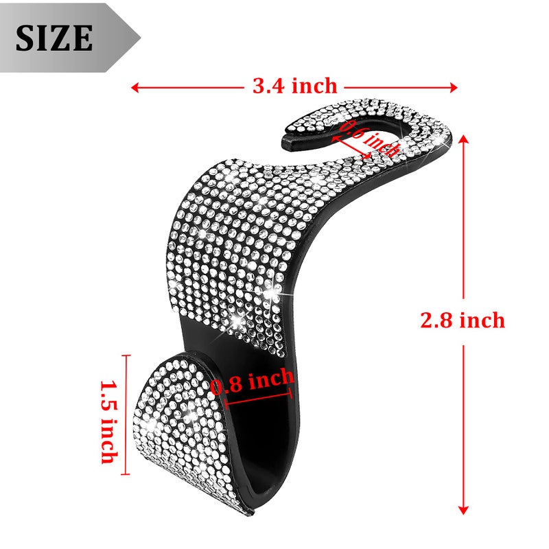 Dermasy 2 Pack Car Hooks, 2021 New Bling Rhinestones Crystal Hooks Car Decorations Auto Seat Back Organizers Strong and Durable Backseat Hanger Storage Universal for SUV Truck Vehicle (Silver) - Image 2