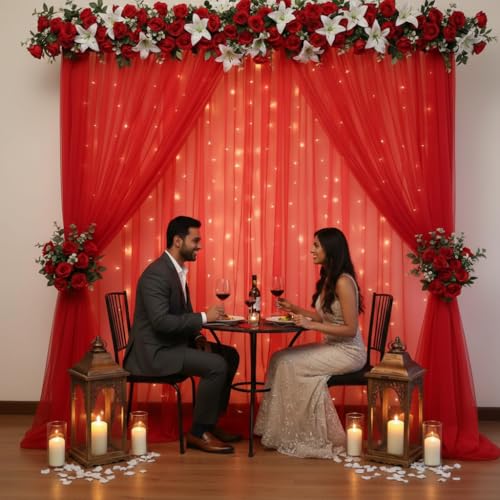 Party Propz ديكور خلفية أحمر من Party Propz - 3 قطع، قماش خلفية للديكور بوجا، عناصر ديكور خلفية بوجا، ديكورات الزفاف والهالدي، ستارة حمراء لزينة الذكرى السنوية (Net Mix) - Image 3