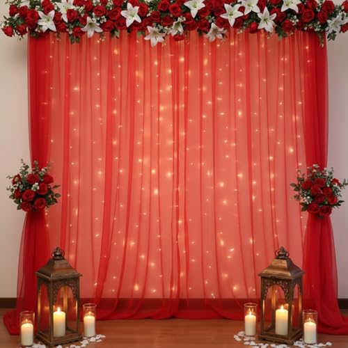 Party Propz ديكور خلفية أحمر من Party Propz - 3 قطع، قماش خلفية للديكور بوجا، عناصر ديكور خلفية بوجا، ديكورات الزفاف والهالدي، ستارة حمراء لزينة الذكرى السنوية (Net Mix) - Image 1