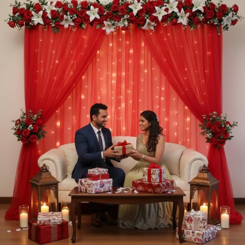 Party Propz ديكور خلفية أحمر من Party Propz - 3 قطع، قماش خلفية للديكور بوجا، عناصر ديكور خلفية بوجا، ديكورات الزفاف والهالدي، ستارة حمراء لزينة الذكرى السنوية (Net Mix) - Image 5