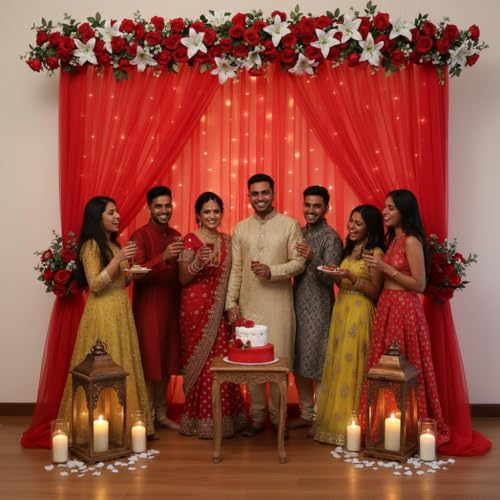 Party Propz ديكور خلفية أحمر من Party Propz - 3 قطع، قماش خلفية للديكور بوجا، عناصر ديكور خلفية بوجا، ديكورات الزفاف والهالدي، ستارة حمراء لزينة الذكرى السنوية (Net Mix) - Image 4