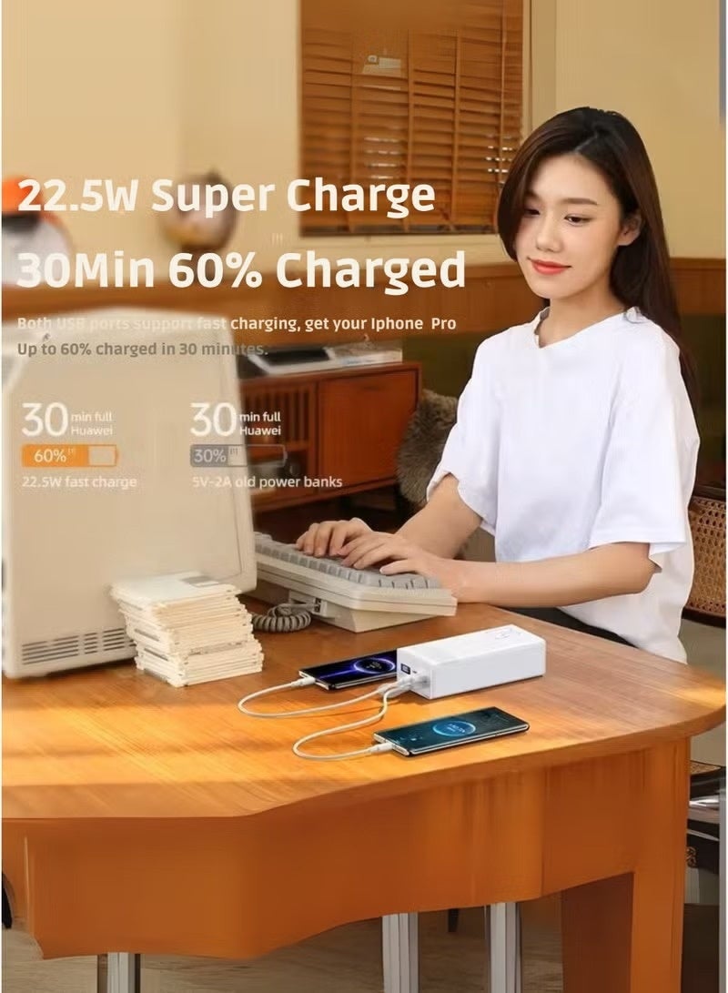 LEVINO 50000mAh Power Bank with 22.5W Fast Charging – Outdoor Portable Battery with LED Light, Dual USB, Type-C & Micro USB Ports – White - Image 3