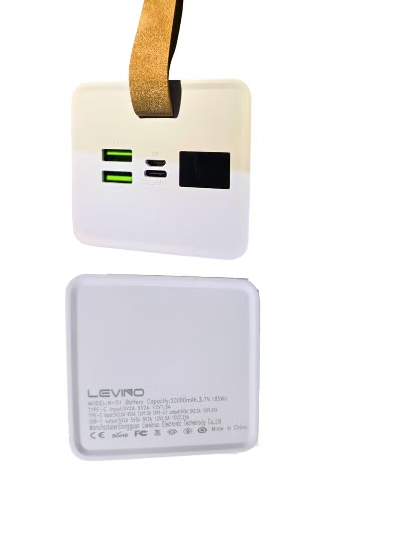 LEVINO 50000mAh Power Bank with 22.5W Fast Charging – Outdoor Portable Battery with LED Light, Dual USB, Type-C & Micro USB Ports – White - Image 5