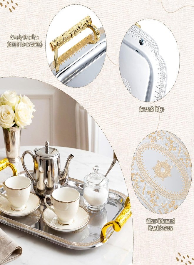 Teecyhooo 3 Pack Stainless Steel Serving Tray with Gold Handle Silver Metal Plate Platter Coffee Tea Serving Tray Floral Table Platter for Buffet Wedding Party Jewelry(Rectangle) - Image 5