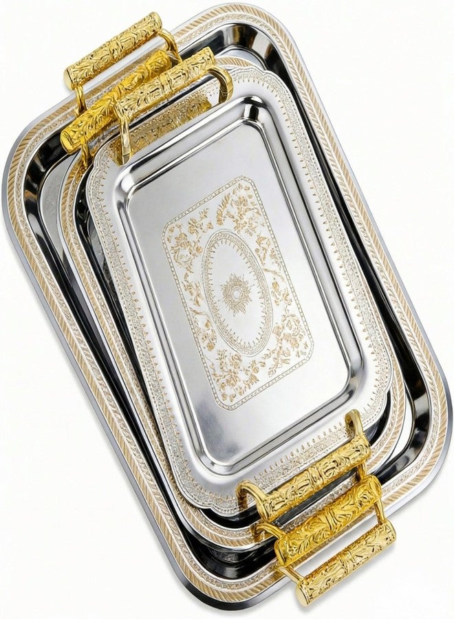 Teecyhooo 3 Pack Stainless Steel Serving Tray with Gold Handle Silver Metal Plate Platter Coffee Tea Serving Tray Floral Table Platter for Buffet Wedding Party Jewelry(Rectangle) - Image 1
