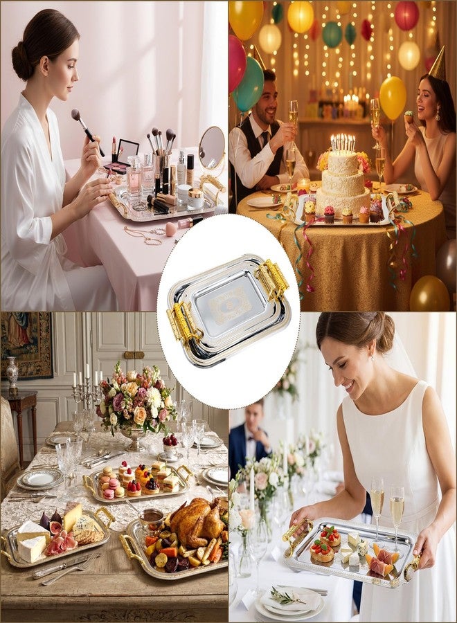 Teecyhooo 3 Pack Stainless Steel Serving Tray with Gold Handle Silver Metal Plate Platter Coffee Tea Serving Tray Floral Table Platter for Buffet Wedding Party Jewelry(Rectangle) - Image 4