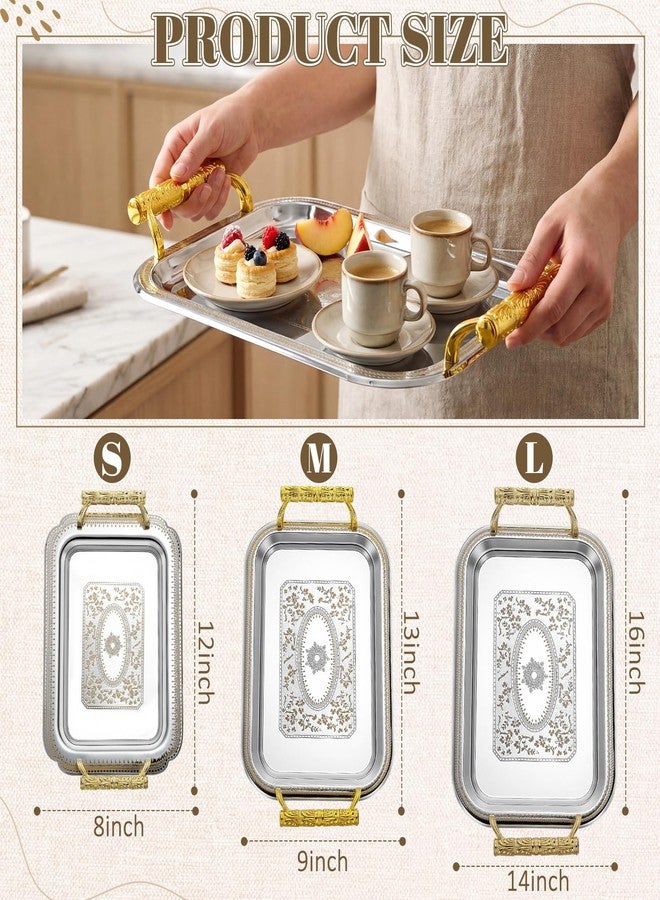 Teecyhooo 3 Pack Stainless Steel Serving Tray with Gold Handle Silver Metal Plate Platter Coffee Tea Serving Tray Floral Table Platter for Buffet Wedding Party Jewelry(Rectangle) - Image 3