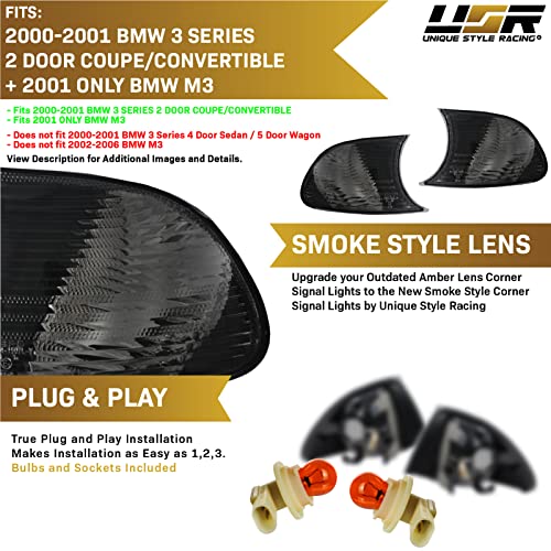 USR UNIQUE STYLE RACING DEPO 00-01 E46 2D Cornering Lights - OE Euro Smoke Clip-On Corner Turn Signal Lamps (Left + Right) Compatible with 2000-2001 BMW E46 3 Series 2 Doors Coupe/Convertible (Smoked Lens w/ 2 Amber Bulbs) - Image 4
