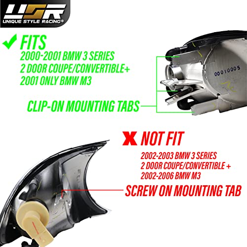 USR UNIQUE STYLE RACING DEPO 00-01 E46 2D Cornering Lights - OE Euro Smoke Clip-On Corner Turn Signal Lamps (Left + Right) Compatible with 2000-2001 BMW E46 3 Series 2 Doors Coupe/Convertible (Smoked Lens w/ 2 Amber Bulbs) - Image 2