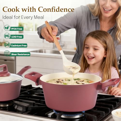 M MELENTA Pots and Pans Set Non Stick, 11-Piece Nonstick Induction Cookware Set, Non-Toxic Kitchen Cooking Set with Frying Pans, Saucepan, Stock Pot, PFOA Free, Red Brown - Image 5