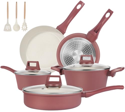 M MELENTA Pots and Pans Set Non Stick, 11-Piece Nonstick Induction Cookware Set, Non-Toxic Kitchen Cooking Set with Frying Pans, Saucepan, Stock Pot, PFOA Free, Red Brown - Image 1