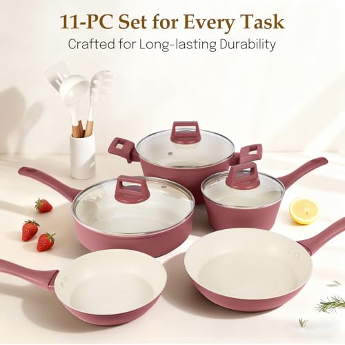 M MELENTA Pots and Pans Set Non Stick, 11-Piece Nonstick Induction Cookware Set, Non-Toxic Kitchen Cooking Set with Frying Pans, Saucepan, Stock Pot, PFOA Free, Red Brown - Image 3