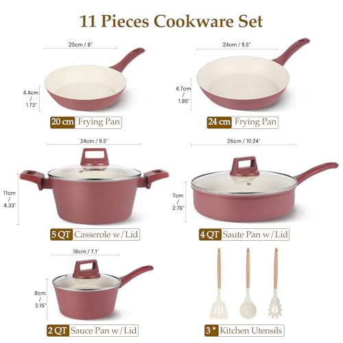 M MELENTA Pots and Pans Set Non Stick, 11-Piece Nonstick Induction Cookware Set, Non-Toxic Kitchen Cooking Set with Frying Pans, Saucepan, Stock Pot, PFOA Free, Red Brown - Image 2