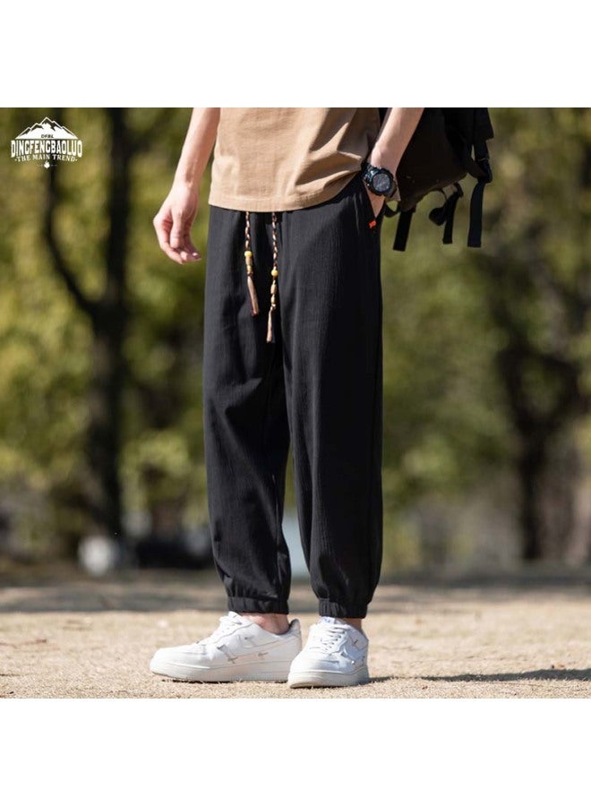 Dingfengbaoluo Linen Casual Pants Men's Spring And Summer Fashion Brand Loose Sports Elastic Nine-point Pants Wx09 Black 2XL - Image 2