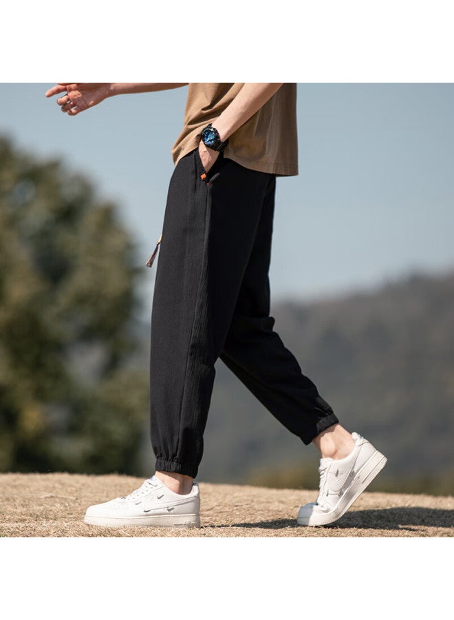 Dingfengbaoluo Linen Casual Pants Men's Spring And Summer Fashion Brand Loose Sports Elastic Nine-point Pants Wx09 Black 2XL - Image 5