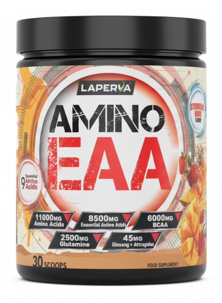 Laperva Amino EAA, Strawberry Mango Flavor, 11,000 mg Amino Acids, High BCAA, Glutamine & Ginseng – 30 Servings