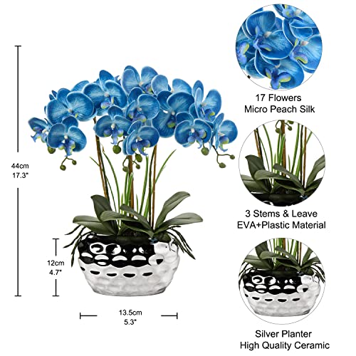 Briful Orchids Artificial Flowers 18" Blue Phalaenopsis Large Orchid with Silver Ceramic Pots Fake Orchid Flower for Home Office Bathroom Living Room Table Decoration - Image 2