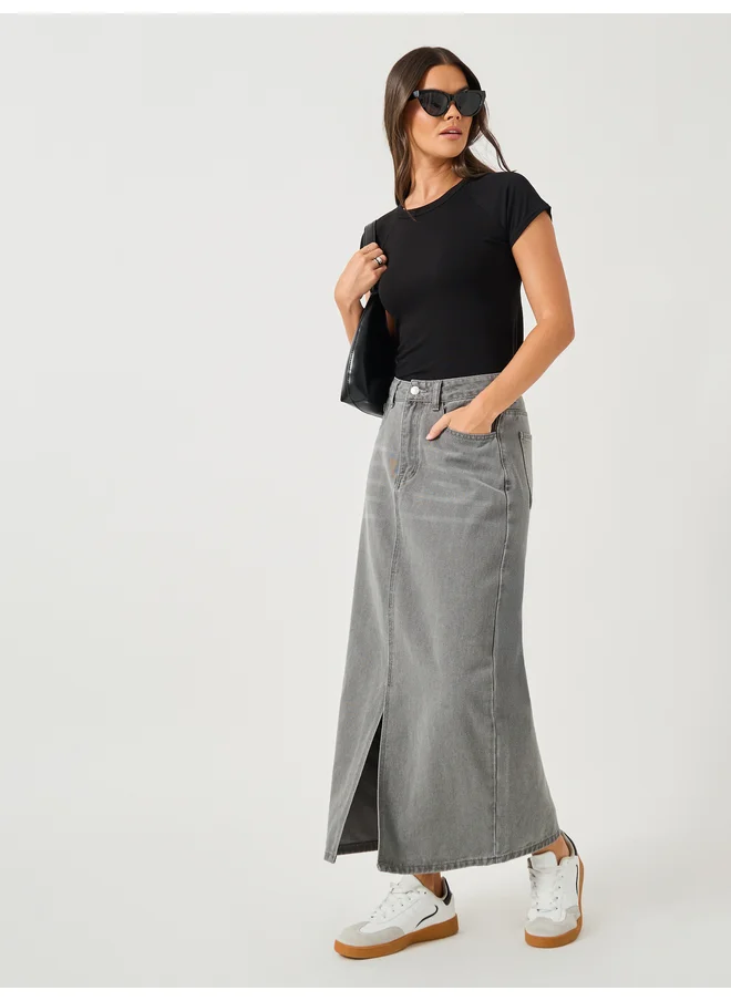 ستايلي Styli Whiskered Denim A-Line Midi Skirt with Front Slit