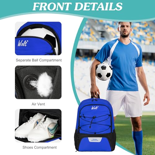 WOLT | Youth Soccer Bag, Soccer Backpack, Basketball Backpack with Cleat Shoe and Ball Compartments Sports Backpack for Volleyball Football for Men Women (Blue) - Image 3