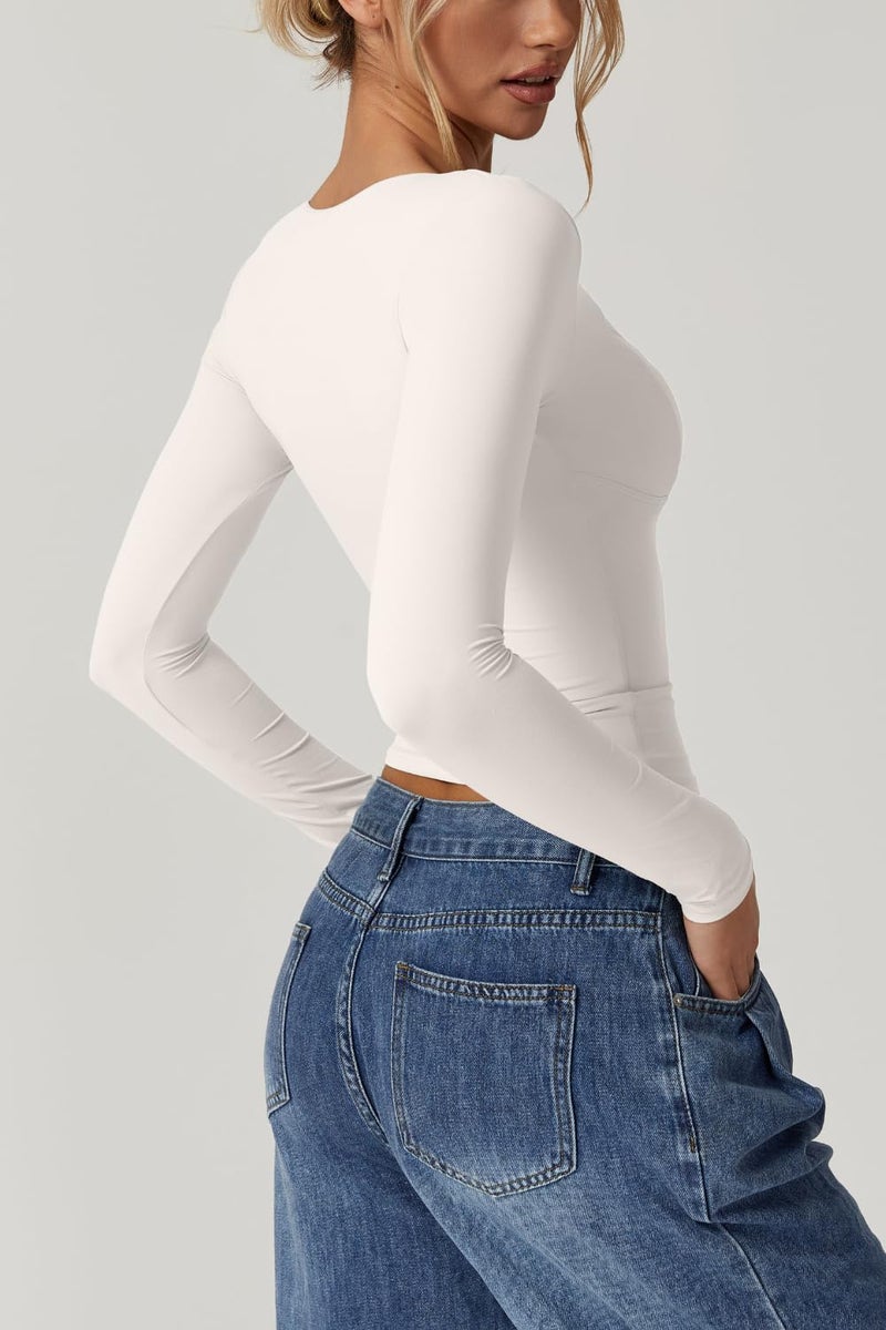QINSEN V Neck Tops for Women Long Sleeve Crop Tops Double Lined Seamed Cup T Shirts Splashed White XL - Image 2