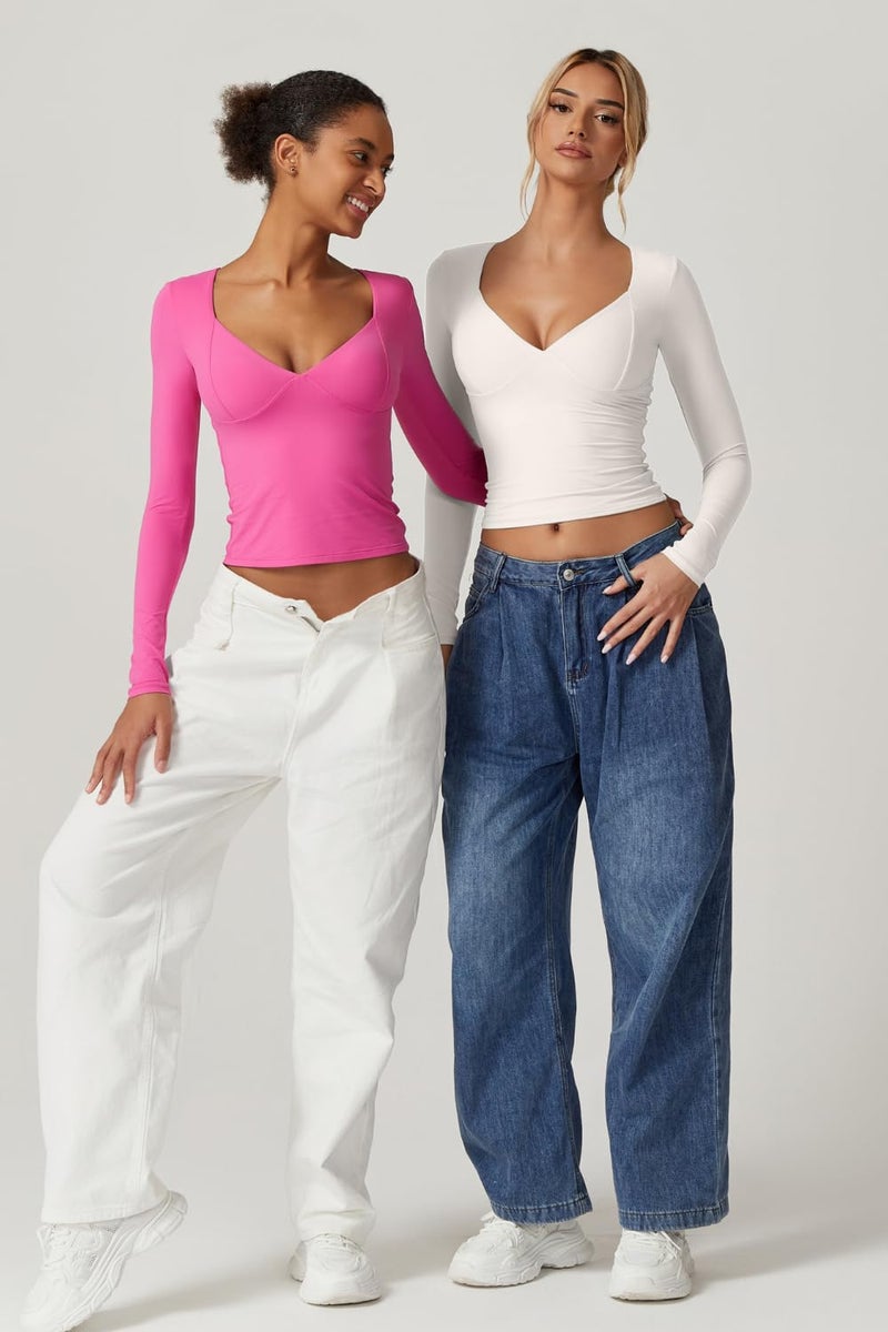 QINSEN V Neck Tops for Women Long Sleeve Crop Tops Double Lined Seamed Cup T Shirts Splashed White XL - Image 5