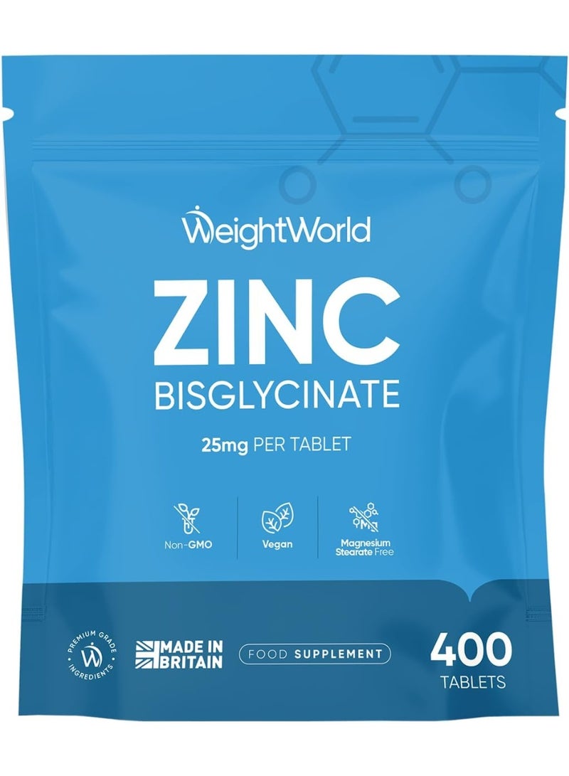 WeightWorld Zinc Supplements - 25mg per Tablet - 400 Zinc Tablets - 6+ Months Supply - 2 per Day - Bioavailable Bisglycinate Form - No Artificial Flavours - Easy to Take - Non-GMO & Magnesium Stearate-Free - Image 1