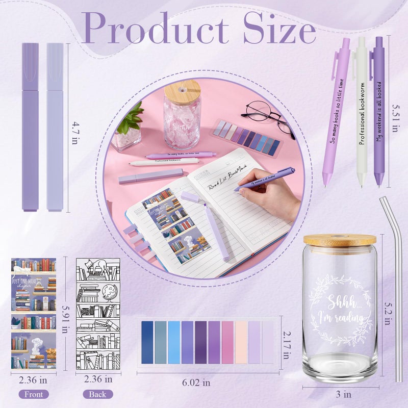 FillTouch 8 PCS Book Lover Gifts 16 oz Glass Cup with Bamboo Lid Straw Reading List Bookmark Pastel Highlighters Sticky Notes Pens for School Teacher Reader Library Lover Valentines Gifts(Purple) - Image 2