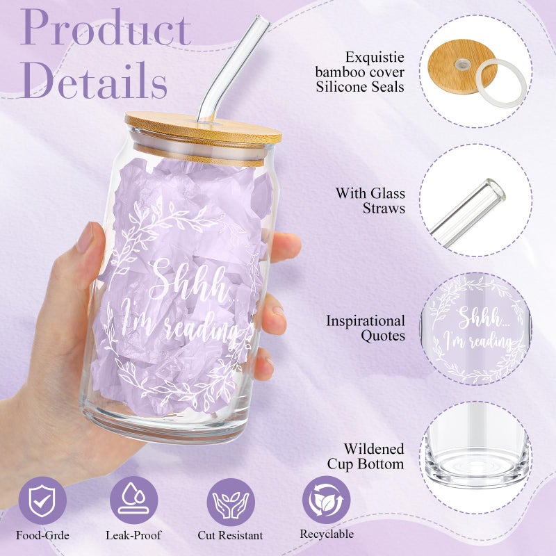 FillTouch 8 PCS Book Lover Gifts 16 oz Glass Cup with Bamboo Lid Straw Reading List Bookmark Pastel Highlighters Sticky Notes Pens for School Teacher Reader Library Lover Valentines Gifts(Purple) - Image 3