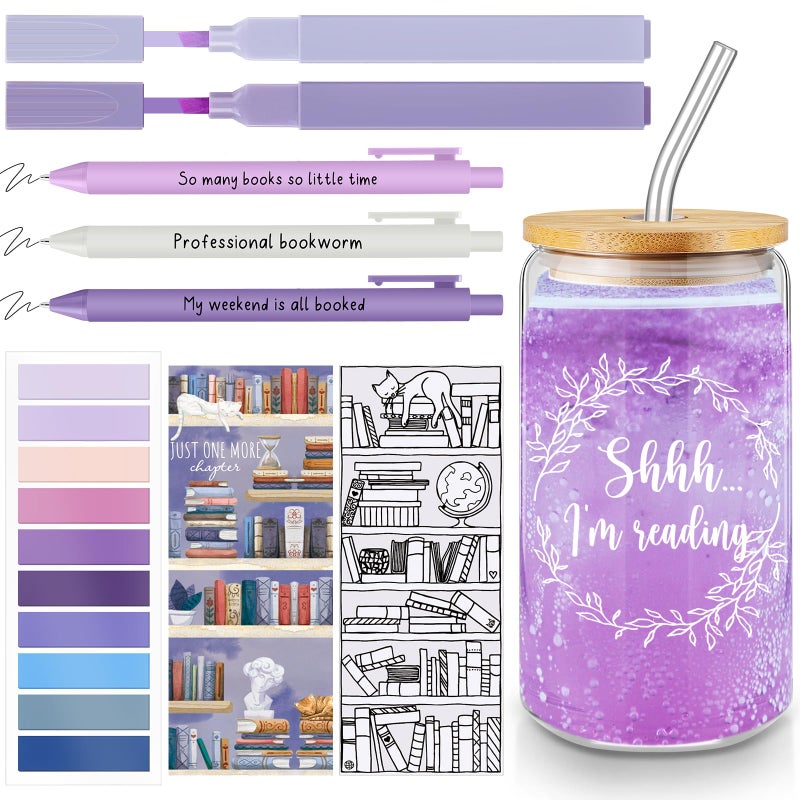 FillTouch 8 PCS Book Lover Gifts 16 oz Glass Cup with Bamboo Lid Straw Reading List Bookmark Pastel Highlighters Sticky Notes Pens for School Teacher Reader Library Lover Valentines Gifts(Purple) - Image 1