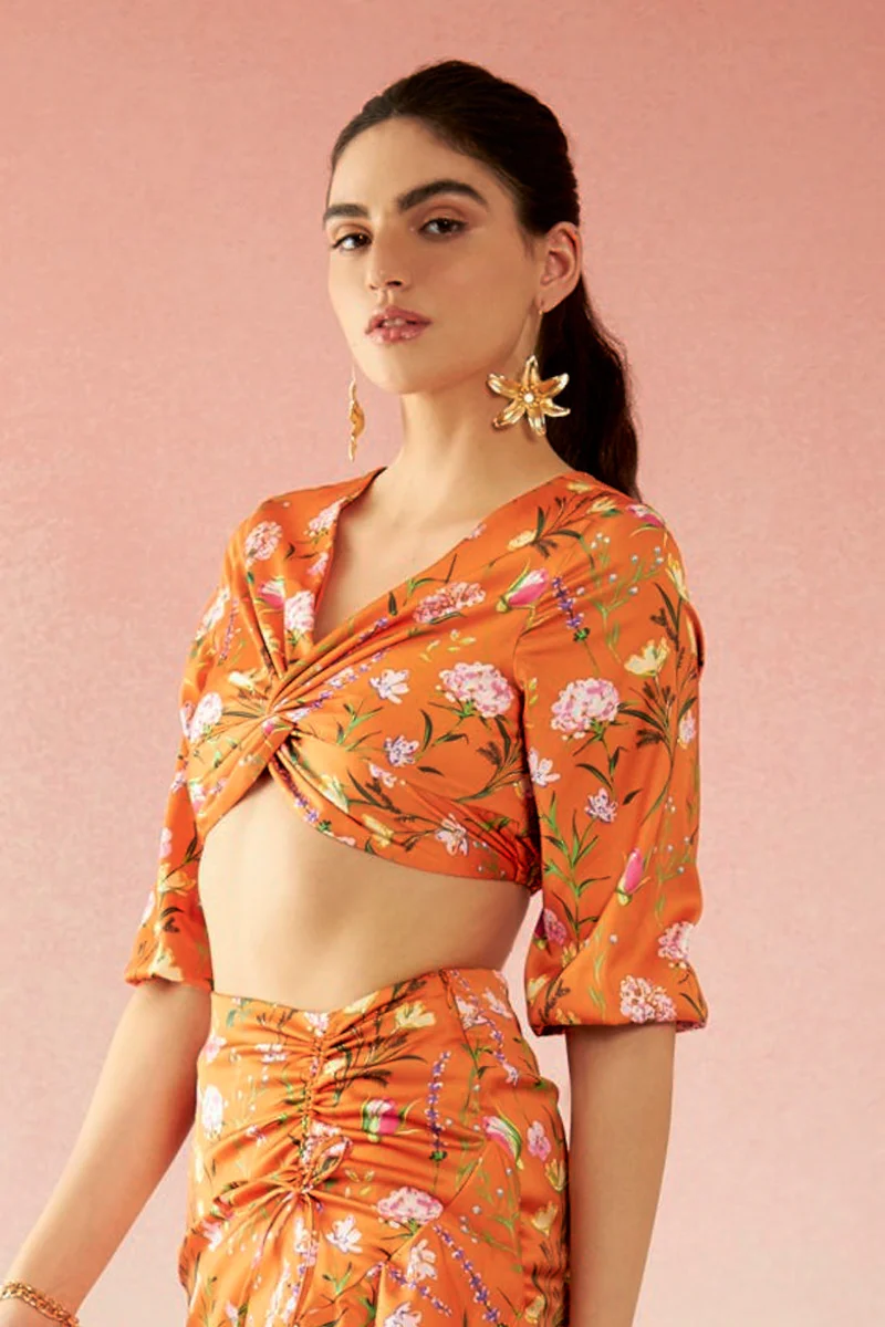 Virgio Satin Floral Vacation Knot Detail V-Neck Tops for Women