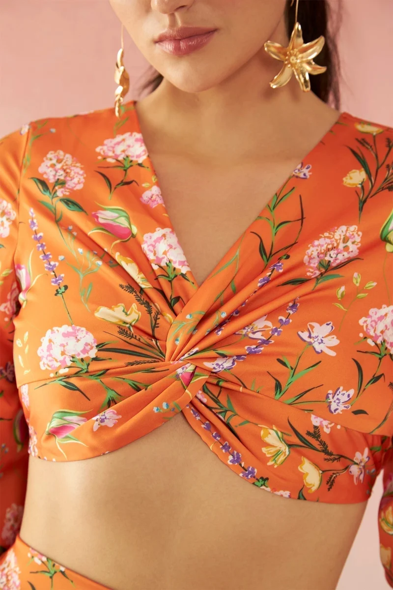 Virgio Satin Floral Vacation Knot Detail V-Neck Tops for Women