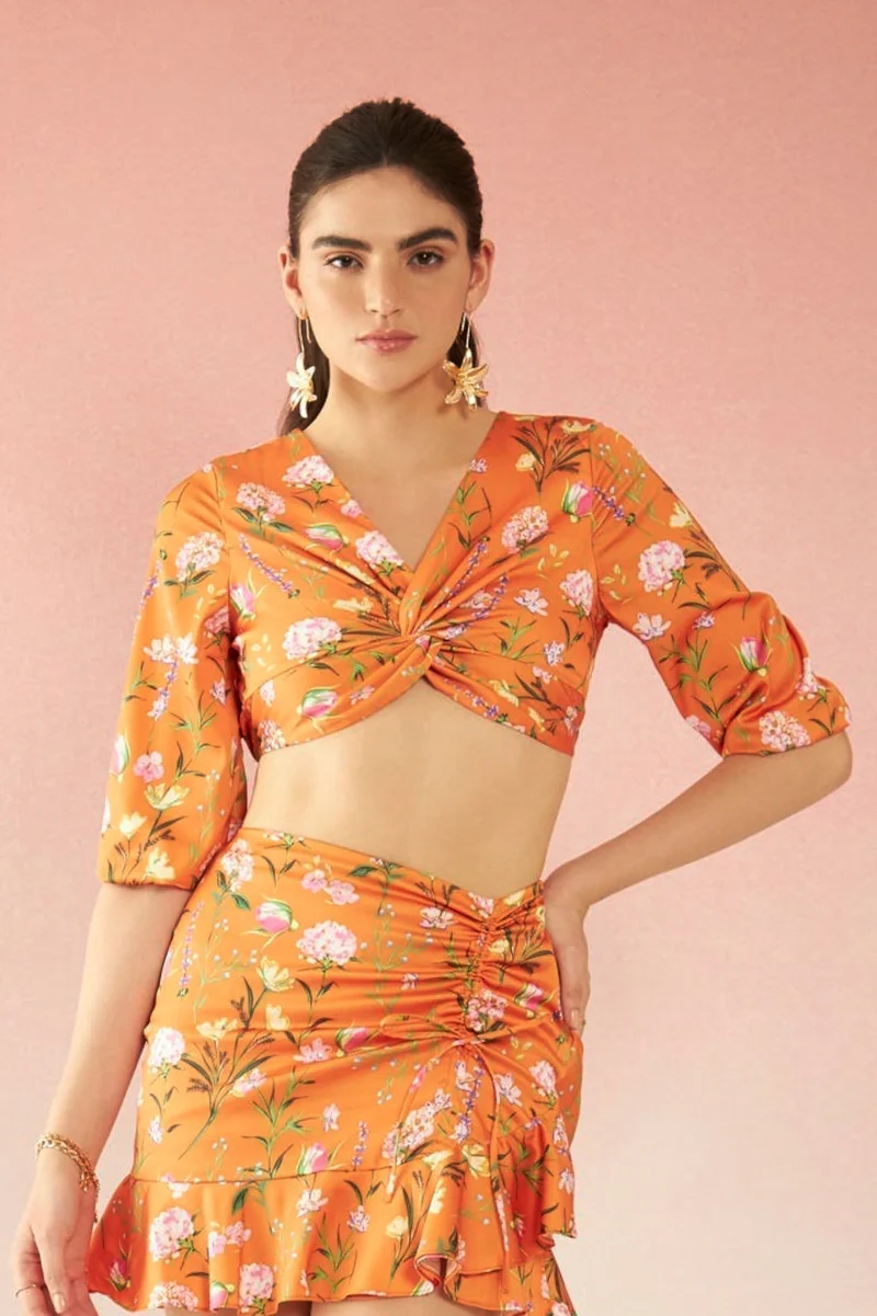 Virgio Satin Floral Vacation Knot Detail V-Neck Tops for Women