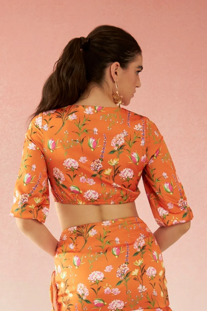 Virgio Satin Floral Vacation Knot Detail V-Neck Tops for Women