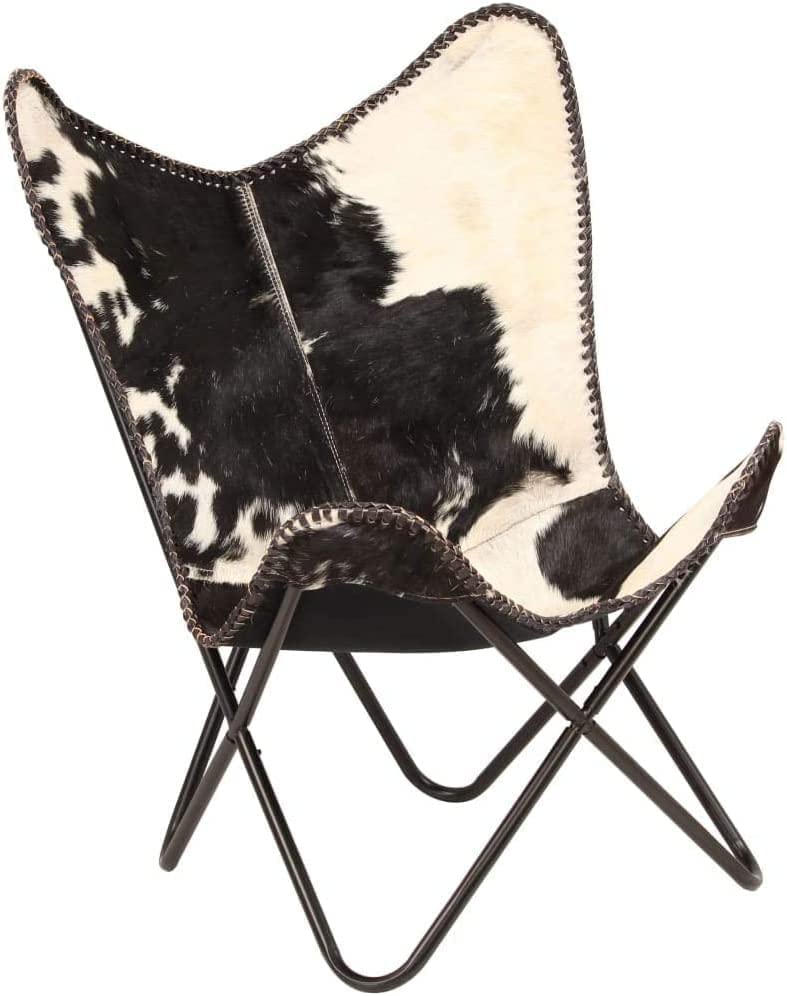 NATURALS EXPORT NATURALS EXPORT Handcrafted Leather Butterfly Chair with Original Hide Indian BKF Cowhide Cover Leather Cover Relaxing Chair with Free Wallet Black n White Full Chair with Gold Leg  - Image 1