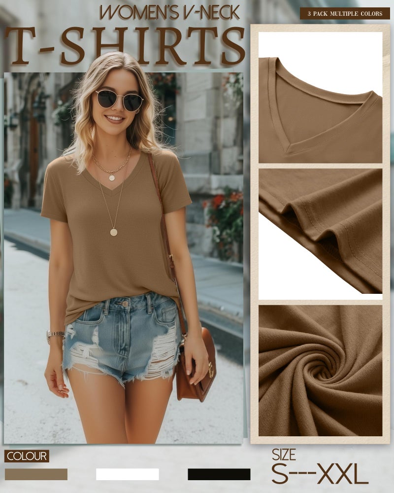 Riyiper 3 Pack Women's V Neck T-Shirts Short Sleeve Loose Fit Tops Casual Basic Trendy Straight Hem Plain Tees(XL,Black, White, Khaki) - Image 4