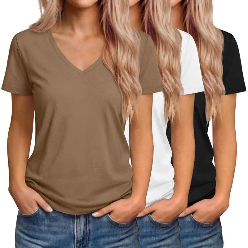 Riyiper 3 Pack Women's V Neck T-Shirts Short Sleeve Loose Fit Tops Casual Basic Trendy Straight Hem Plain Tees(XL,Black, White, Khaki) - Image 1