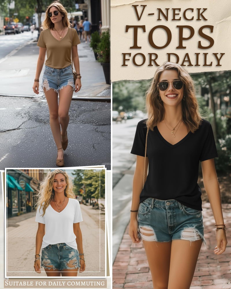 Riyiper 3 Pack Women's V Neck T-Shirts Short Sleeve Loose Fit Tops Casual Basic Trendy Straight Hem Plain Tees(XL,Black, White, Khaki) - Image 2
