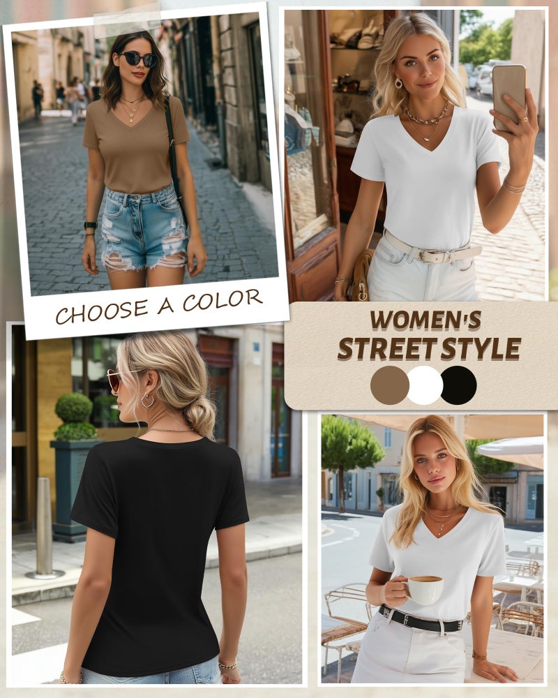 Riyiper 3 Pack Women's V Neck T-Shirts Short Sleeve Loose Fit Tops Casual Basic Trendy Straight Hem Plain Tees(XL,Black, White, Khaki) - Image 3