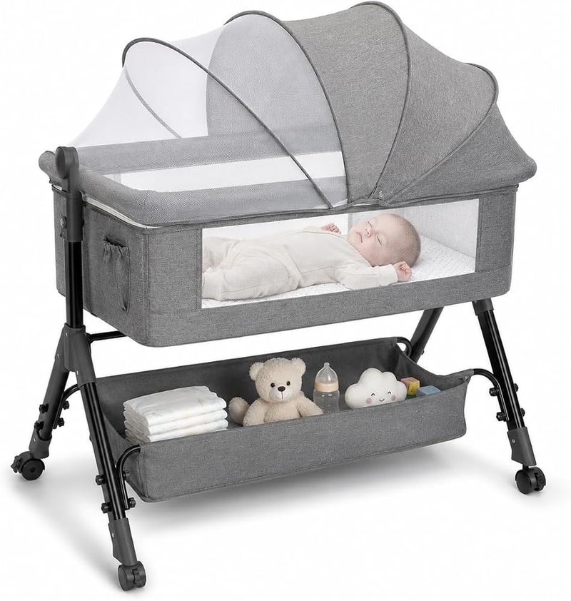 Bentifar Baby Bassinet Bedside Sleeper for Newborns, 4 in 1 Foldable Bedside Bassinet with Wheels, Mesh Canopy, Storage Basket, 3 Height Levels, Aluminum Alloy Frame - Image 1