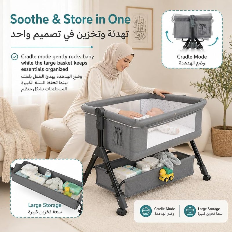 Bentifar Baby Bassinet Bedside Sleeper for Newborns, 4 in 1 Foldable Bedside Bassinet with Wheels, Mesh Canopy, Storage Basket, 3 Height Levels, Aluminum Alloy Frame - Image 4