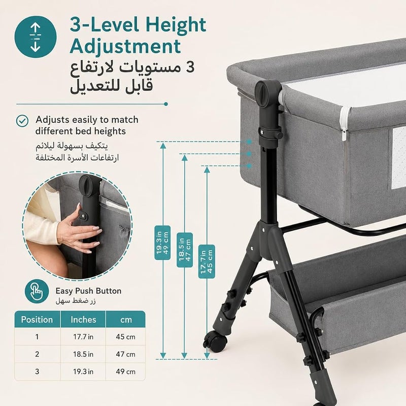 Bentifar Baby Bassinet Bedside Sleeper for Newborns, 4 in 1 Foldable Bedside Bassinet with Wheels, Mesh Canopy, Storage Basket, 3 Height Levels, Aluminum Alloy Frame - Image 5